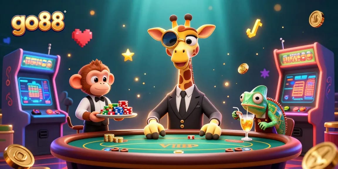 Engage in thrilling action with go88 at a vibrant casino scene featuring exciting games and characters.