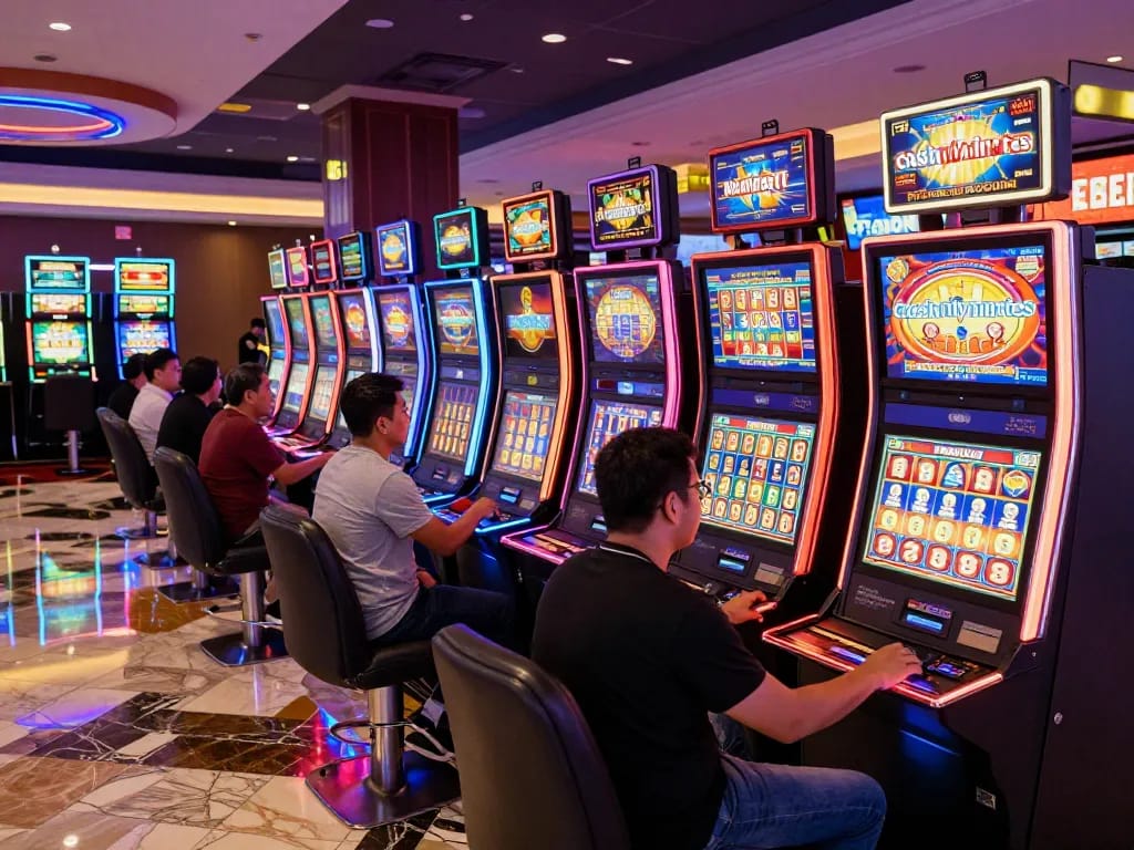 Players enjoying engaging slot machines at cashmyminutes, bright lights and excitement
