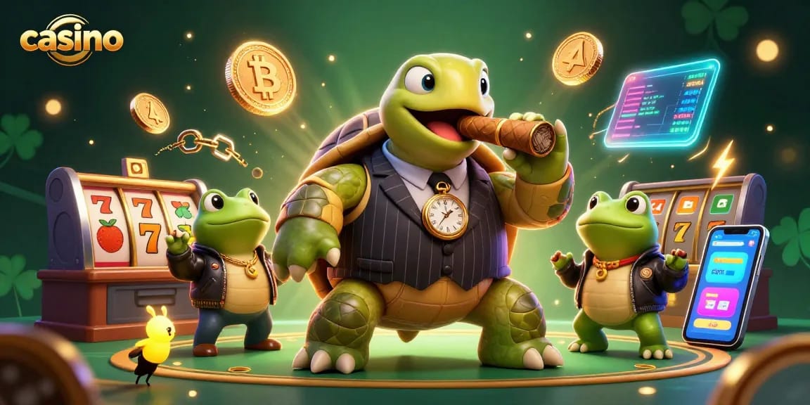 Engage in a vibrant casino scene with a snapping turtle and bullfrogs amidst slot reels and cryptocurrency elements.
