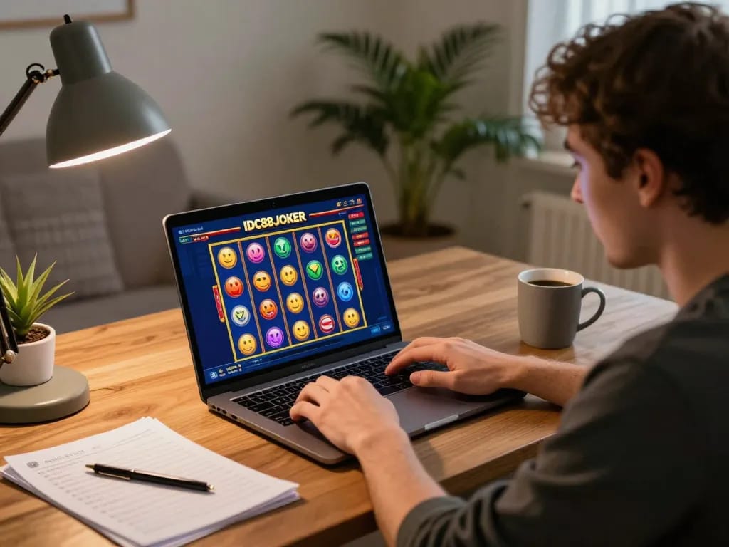 Player engaging with IDC88JOKER online slots, showcasing fanstoysnewsandreviews gameplay excitement.