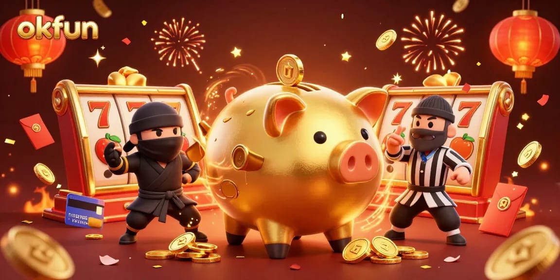 Experience thrilling slots action with okfun's dynamic golden piggy bank, vibrant colors, and engaging atmosphere.