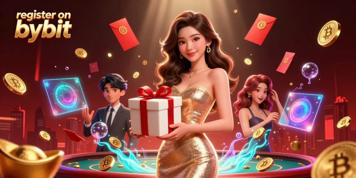 Register on Bybit by creating an account with golden coins and festive elements in a vibrant crypto casino scene.