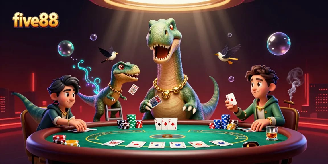 Experience five88 with a playful brontosaurus and raptor dealer in an engaging casino scene.