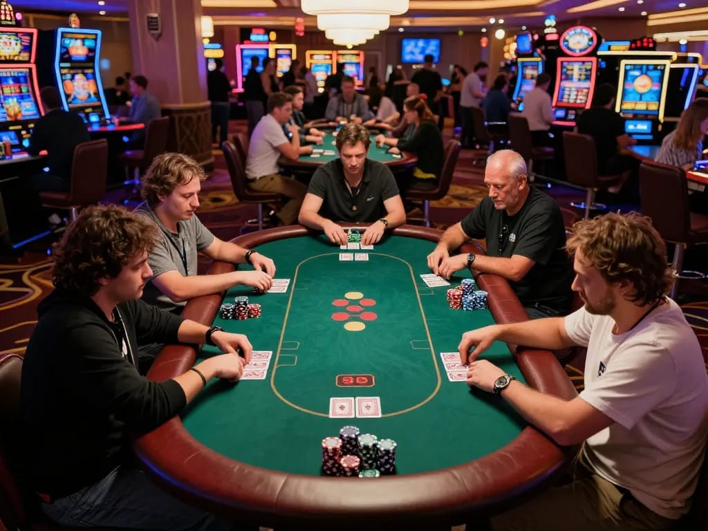 Players engaged in a competitive poker game at calzadagallery casino table, showcasing stacks of chips and intense focus.