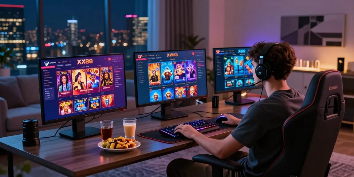 Player enjoying the vibrant XX88 gaming platform in a cozy setting.