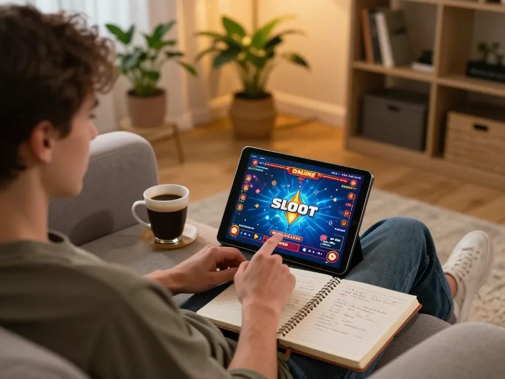 Engaging player enjoying Sloot Online gaming on a tablet in a cozy home setting.