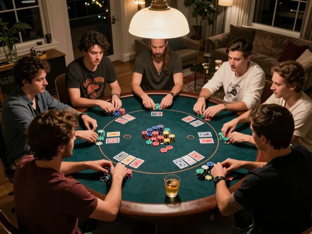 Friends enjoying a thrilling poker game night with colorful chips and intense focus showcasing Slot Gacor excitement