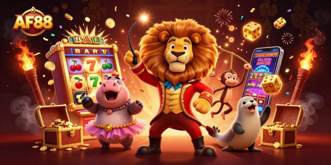 Experience winning with AF88 in this vibrant 3D casino scene featuring dynamic characters and games.