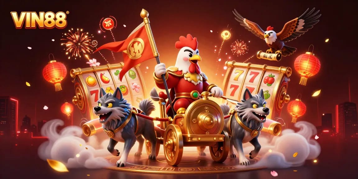 Engage with VIN88's gaming excitement featuring a rooster warlord, golden chariot, and dynamic slot reels.