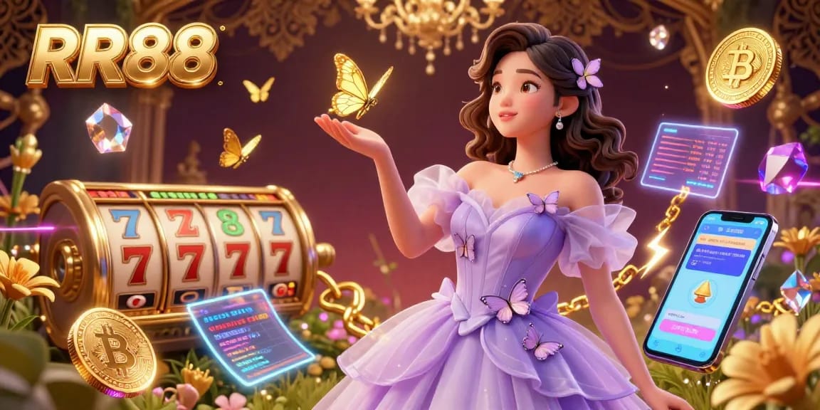 Experience RR88's vibrant casino atmosphere with a stunning woman in an ethereal gown amidst golden slot elements.