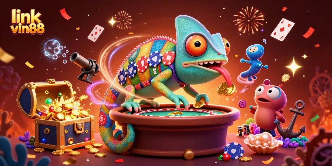 Engage with link vin88 as the colorful chameleon casino owner collects coins amidst a vibrant gaming world.
