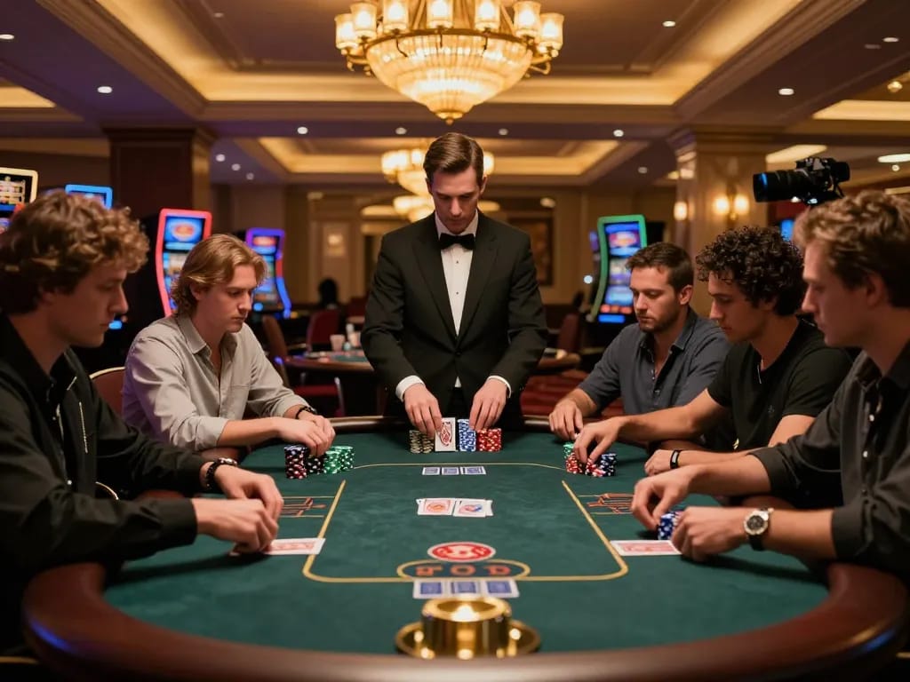 Fishersupermarket poker players strategizing at a high-stakes table, illuminated by luxurious casino lighting.