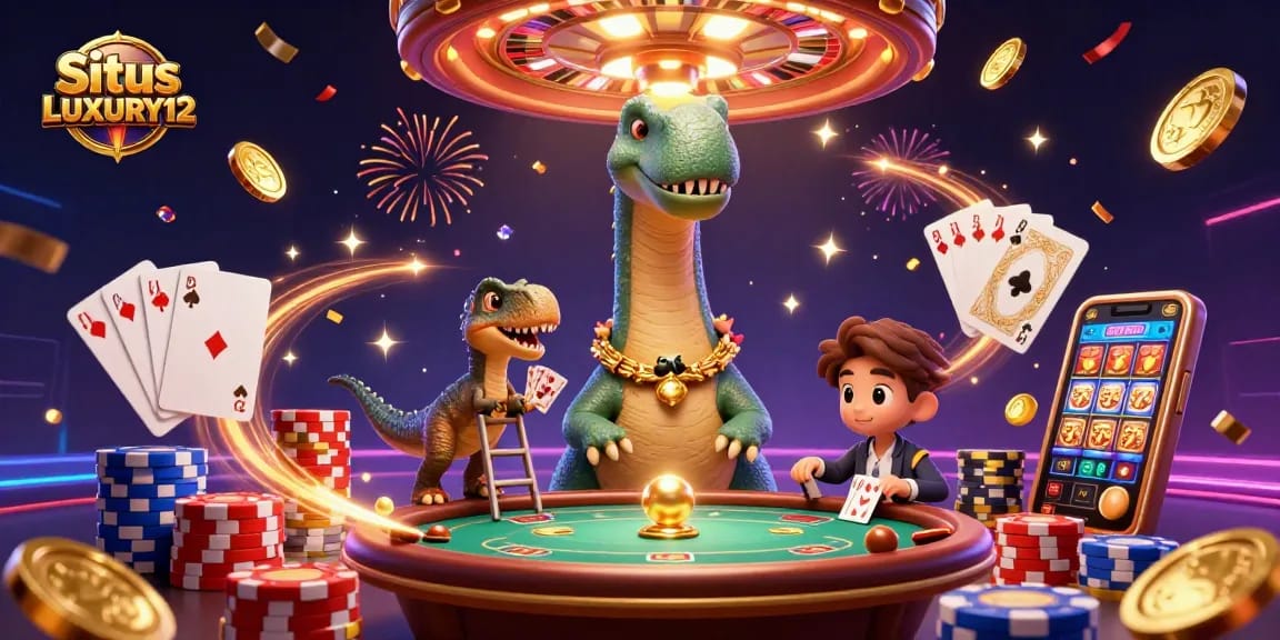 Situs LUXURY12 delivers a thrilling casino experience with a dazzling 3D scene featuring vibrant characters and game elements.