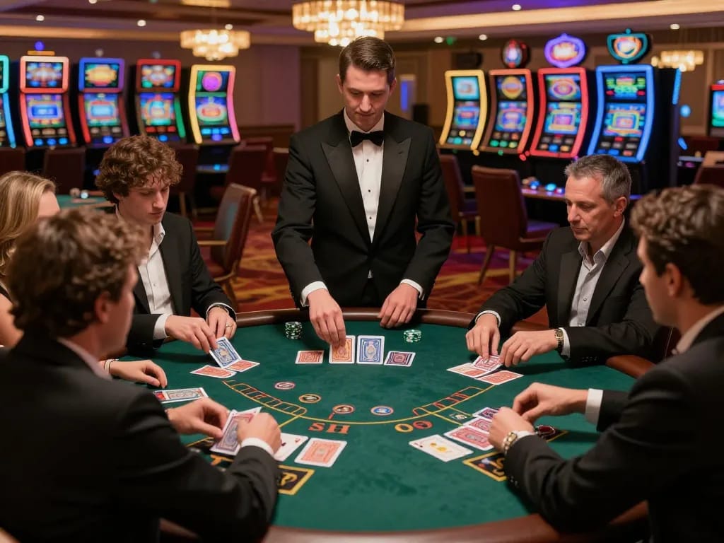 Players at a blackjack table in rokok88 casino showcase their strategies in an exciting atmosphere