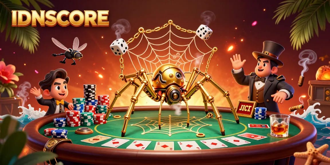 IDNSCORE showcases a vibrant steampunk scene of gaming excitement with poker elements.