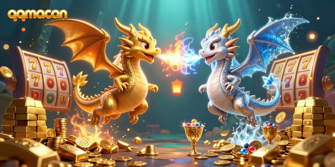 Play games with qqmacan, featuring golden dragons surrounded by slot reels, treasures, and jewels.