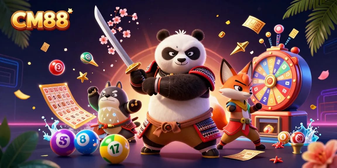 CM88 offers exciting gaming with a samurai panda and ninja fox in a vibrant casino scene.