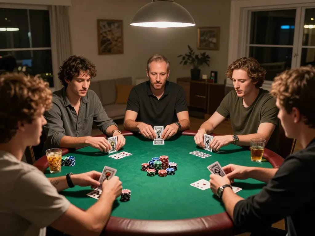 Players enjoying a poker night at home, showcasing excitement and strategy, nhacaiuytinn experience.