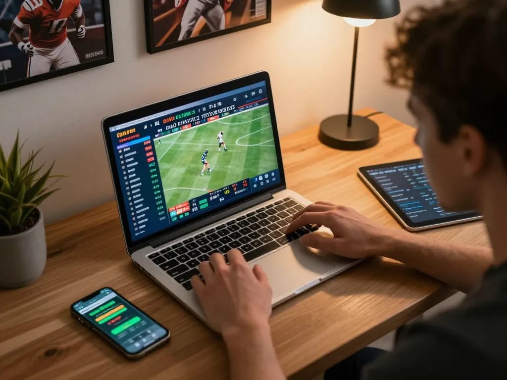 Engage in strategic sports betting on tjcjventures with an online laptop setup, live odds visible
