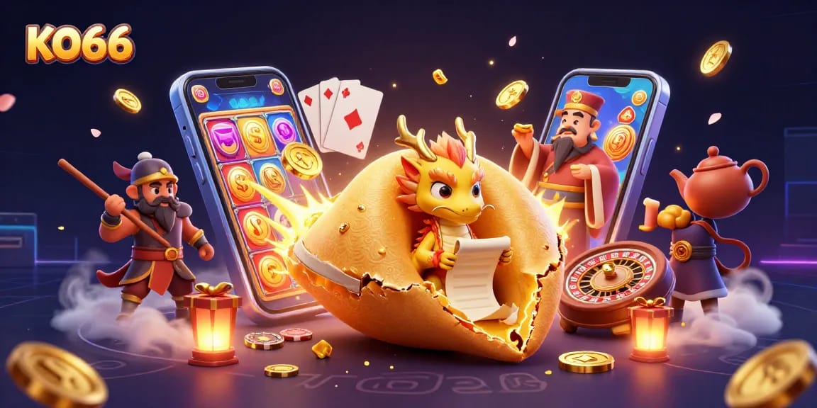 Engage with KO66 slot gaming adventures featuring a giant fortune cookie, dragon, and golden treasures.