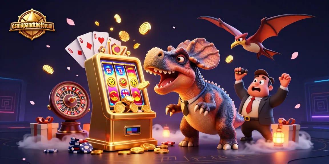 Win big with osmapandtheforum as a pachycephalosaurus activates a jackpot slot, capturing coins!