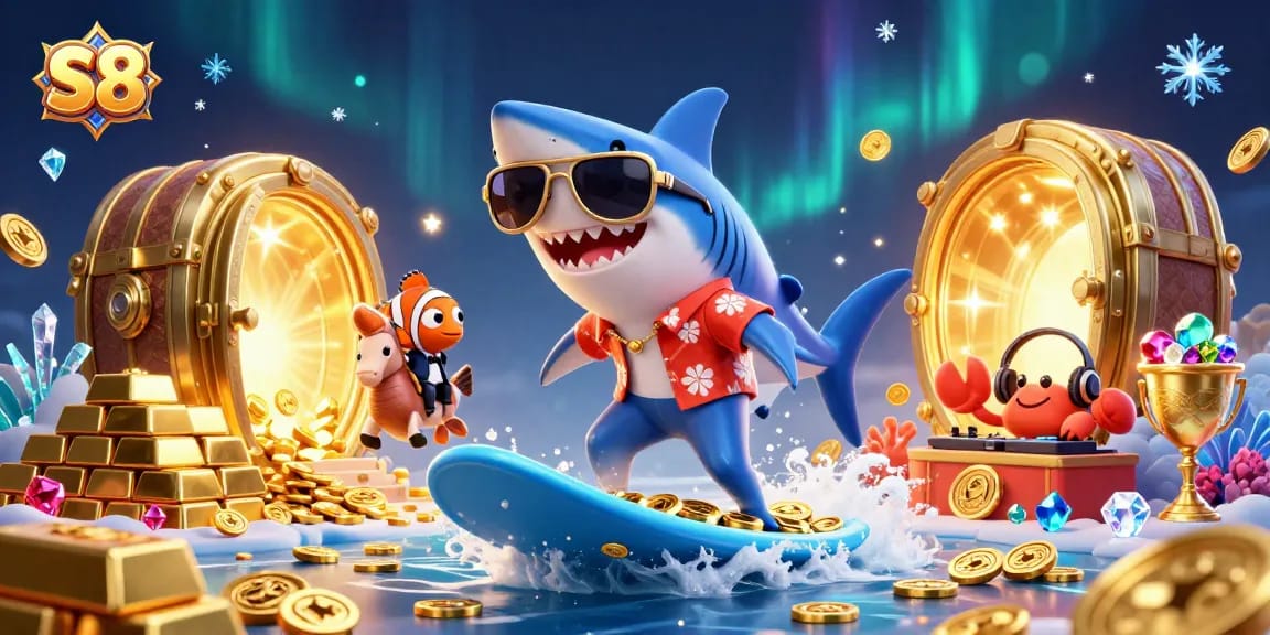 Experience the thrill of S8 with a vibrant, dynamic underwater casino adventure illustration.
