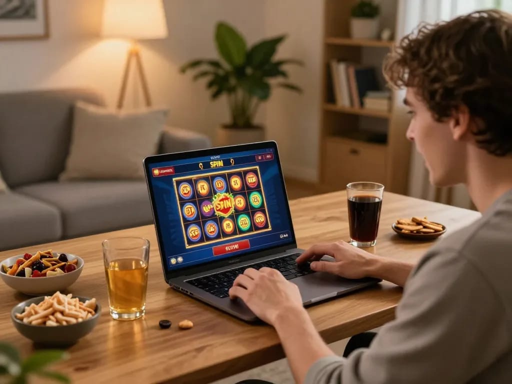 Engaging with MM88 online casino game on a laptop in a cozy home setup