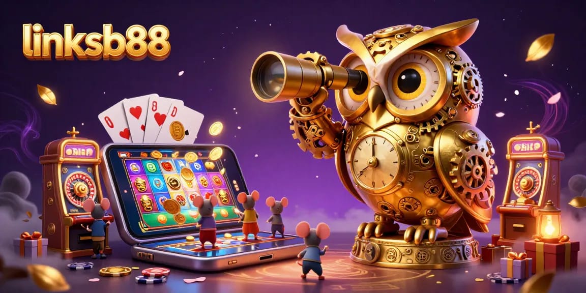 Engage with the vibrant scene of link sb88 featuring a golden owl, lively mouse patrons, and slot games in a rich casino atmosphere.