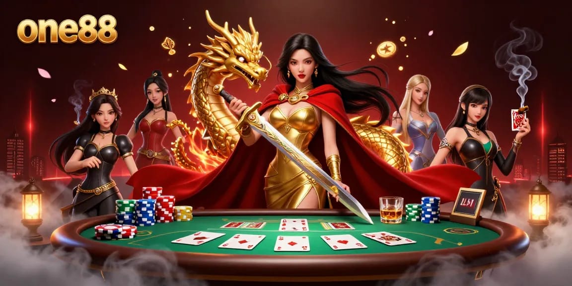 Discover thrilling action at one88 with a warrior queen and a golden dragon surrounded by poker elements.