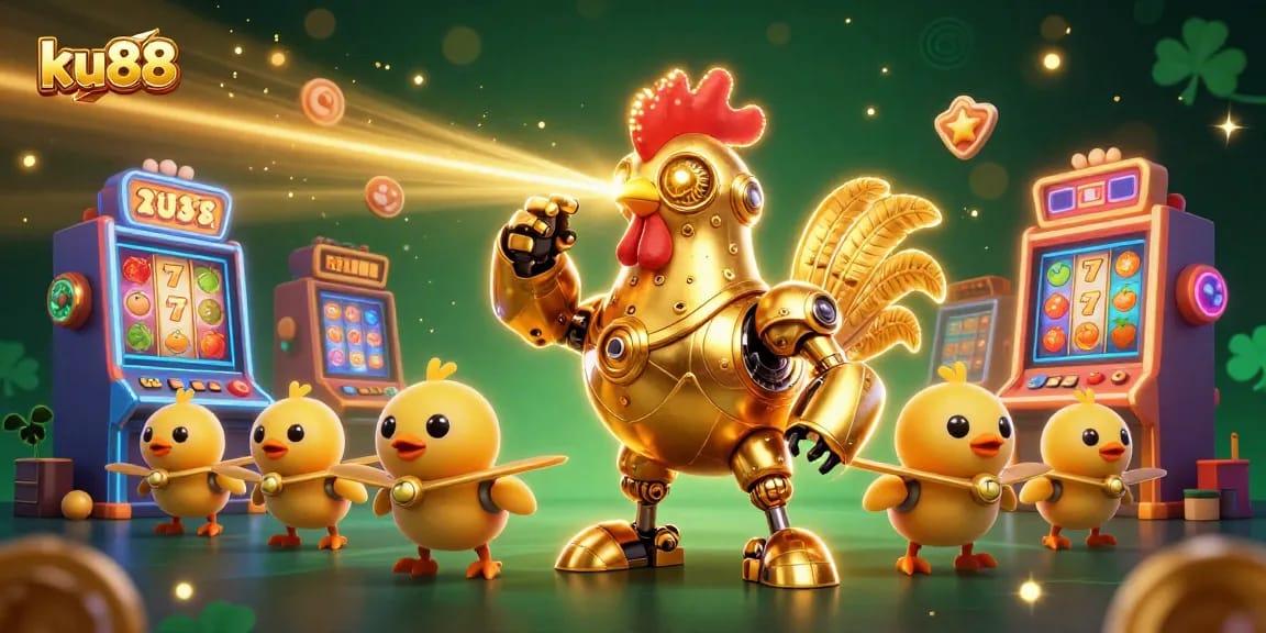 ku88 gaming adventure featuring a golden rooster robot surrounded by colorful slot machines and exciting game elements