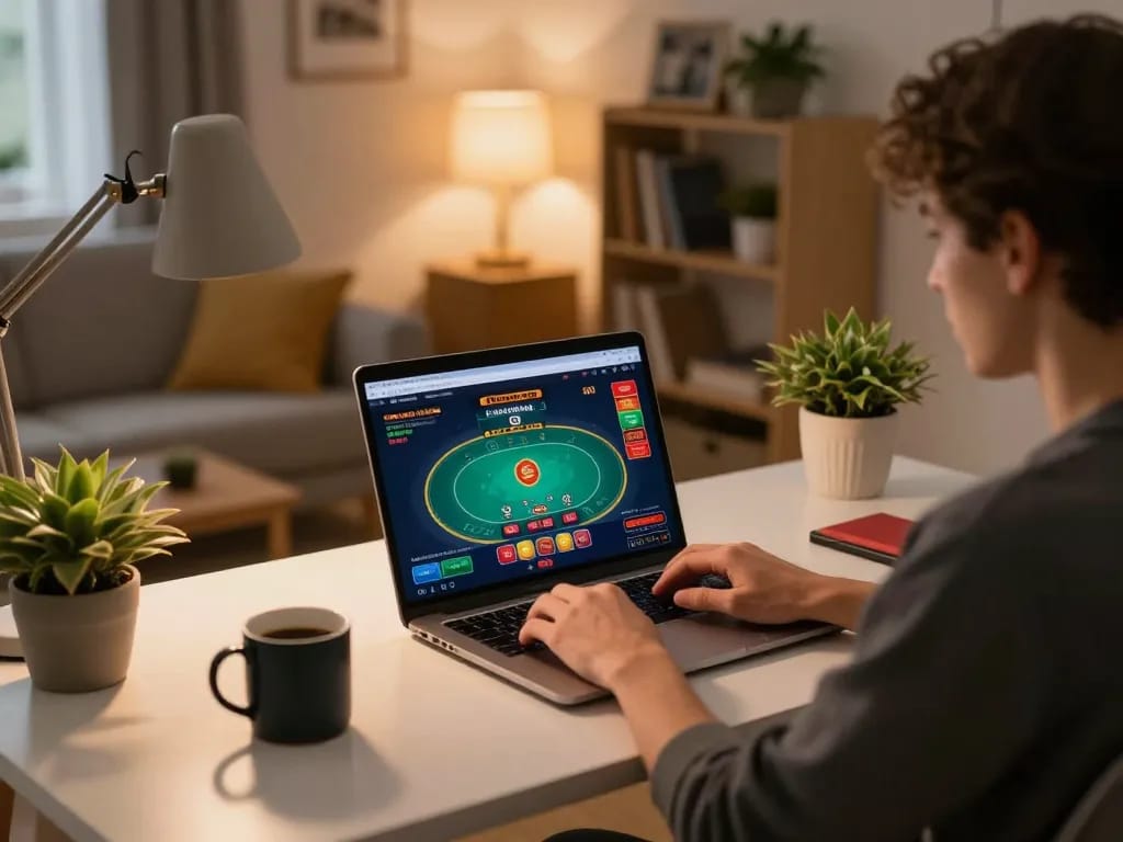 Player engaging with xx88 online casino on laptop in cozy home setting