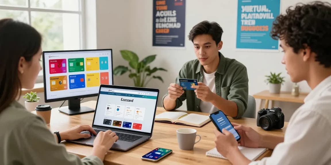 Ezzocard's virtual prepaid cards showcased in a vibrant online shopping environment with diverse young adults.