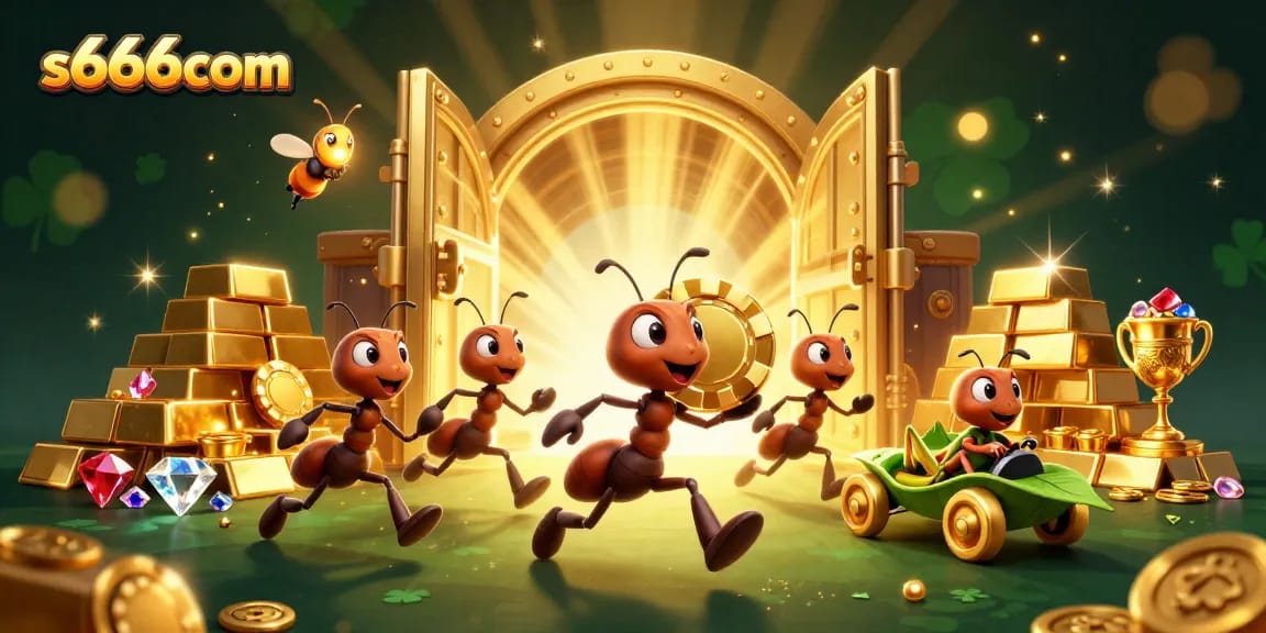 Join the heist at s666com with a cartoon ant team carrying a giant poker chip and treasure.