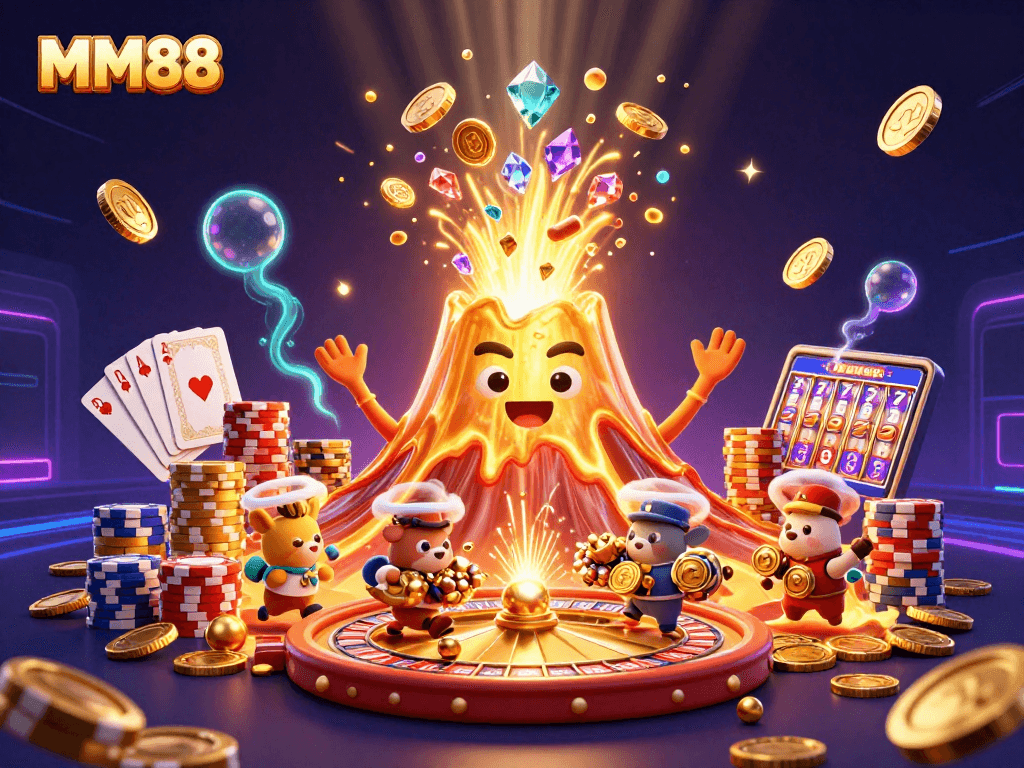 Experience the thrill of MM88 casino gaming with lively cartoon characters and vibrant gambling elements.