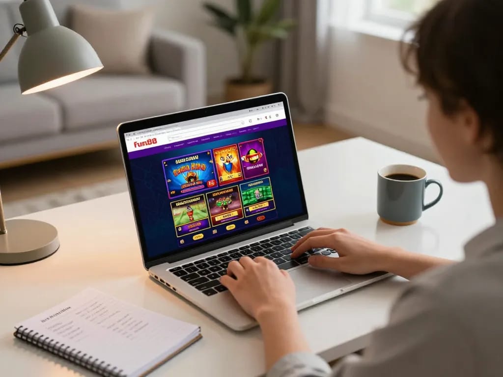 Engaging with fun88 via laptop, showcasing vibrant online casino games in a cozy setup.