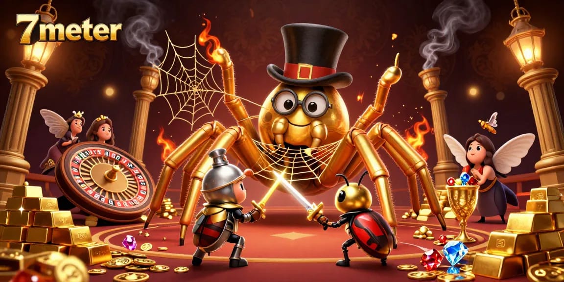 Experience thrilling betting action with 7meter as the golden tarantula spins webs of fortune in this casino-themed illustration.