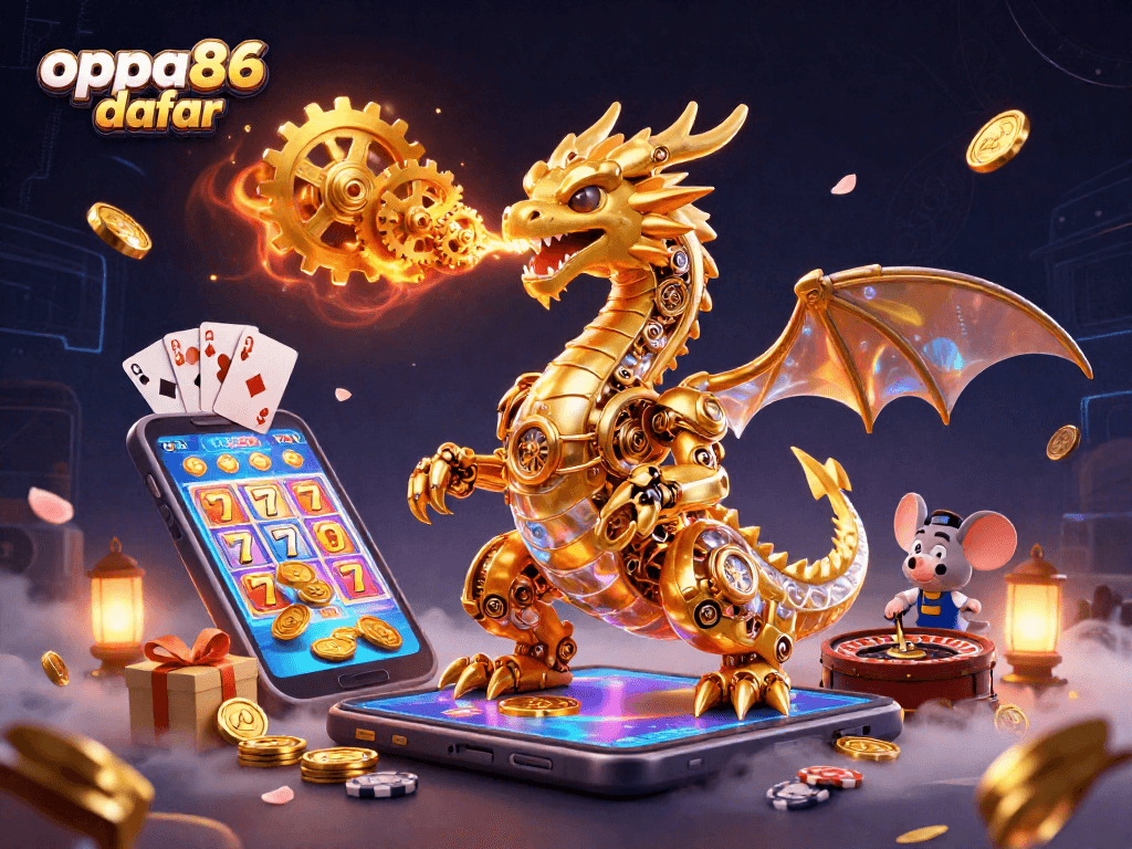 Spin the reels with oppa86 daftar, featuring a biomechanical dragon and exciting casino elements in action.