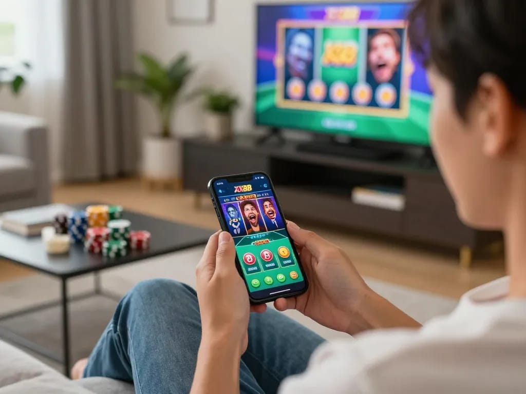Engaging in mobile gaming with the XX88 app while enjoying a cozy home atmosphere, showcasing modern gambling lifestyle
