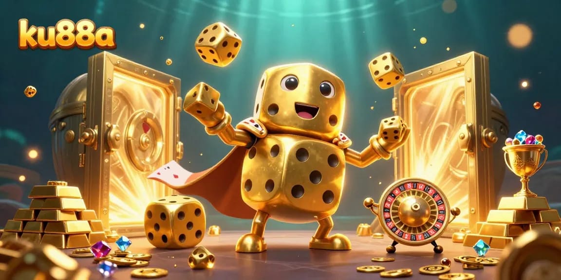 Experience the exciting ku88a gaming world with golden dice creatures and treasure-filled scenes.