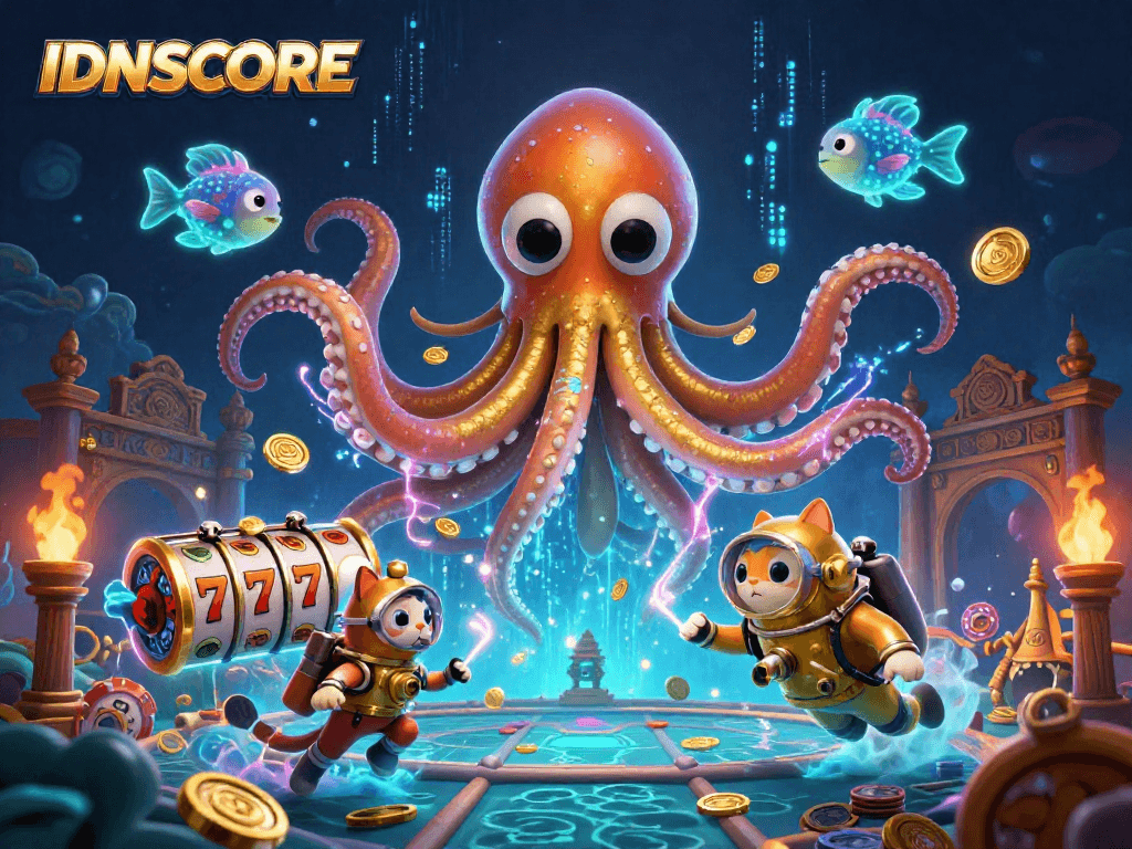 Engage with IDNSCORE loyalty rewards in a vibrant 3D casino-inspired scene featuring a kraken and diving cat.