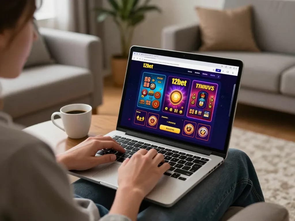 Tham gia trò chơi trực tuyến tại nhà với giao diện 12bet hiển thị trên màn hình laptop.
