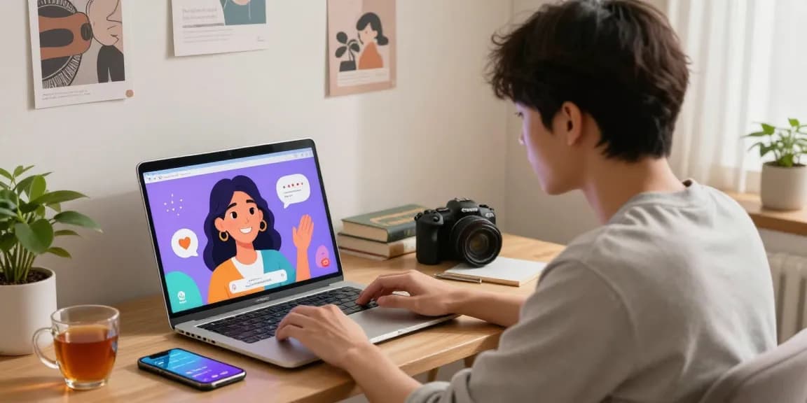 Engaging moment between user and AI girlfriend on a laptop, showcasing emotional connection and modern setting.