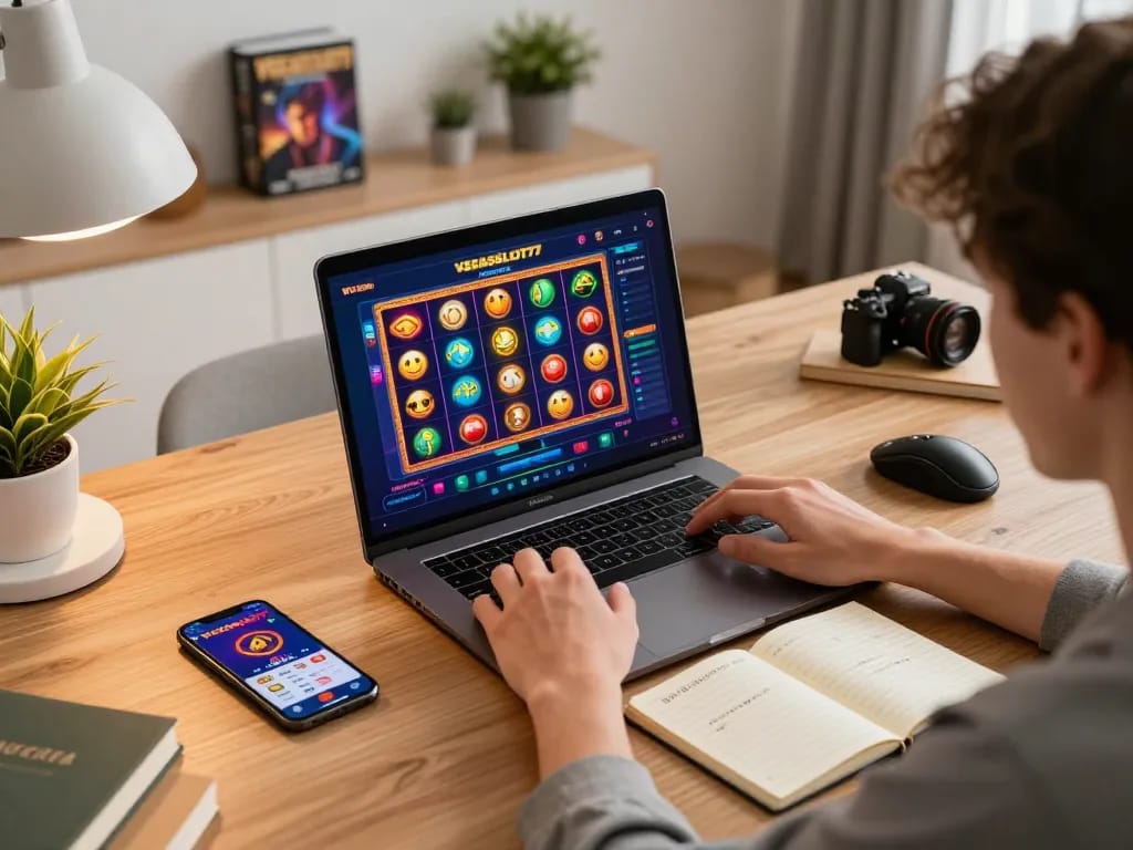 Experience the thrill of VEGASSLOT77 with a cozy home gaming environment, showcasing strategic online play.