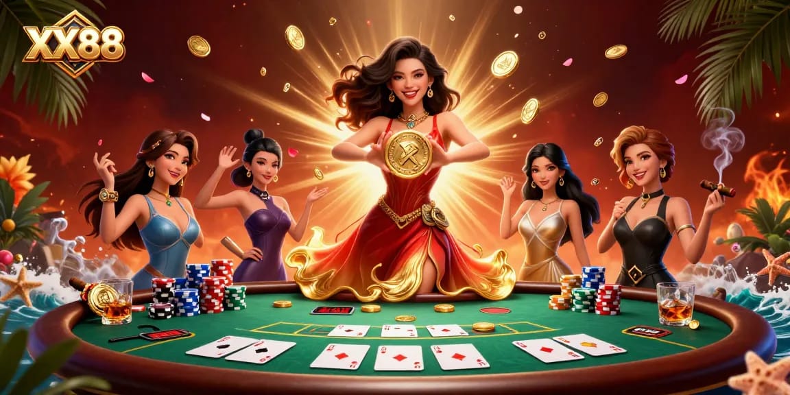 Engage in exciting gameplay with XX88 featuring a stunning Asian woman and dynamic casino elements.