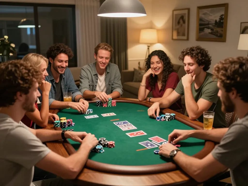 Engaging friends playing poker at home emphasizing strategic play with slots gacor action.