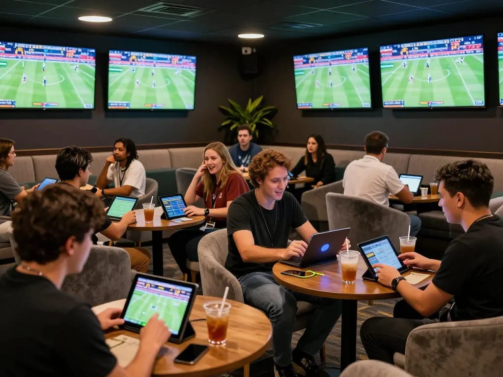 Kèo nhà cái displayed on multiple screens in a vibrant sports betting lounge.