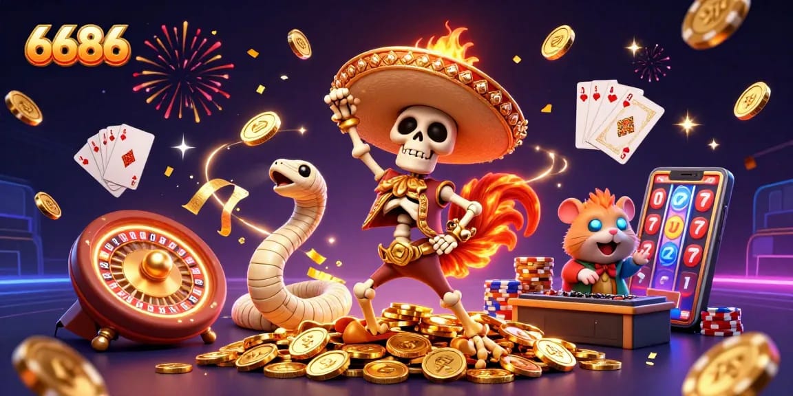 Experience lively gameplay at 6686 with dynamic casino characters amidst sparkling gems and gold coins.