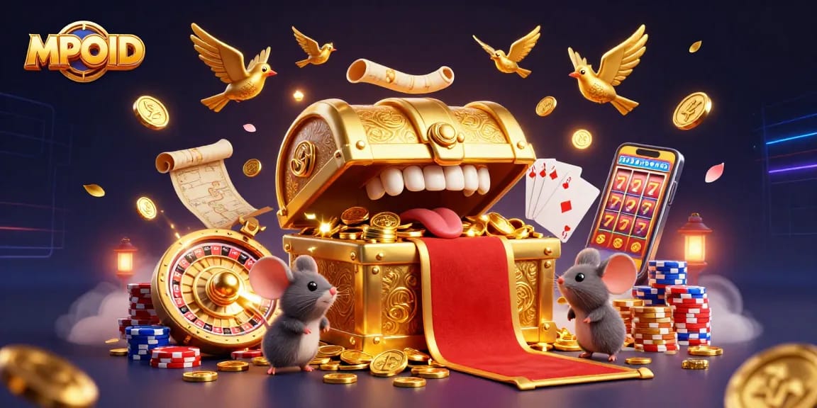 MPOID engages players with a vibrant illustration showcasing golden treasures and thrilling slot elements.