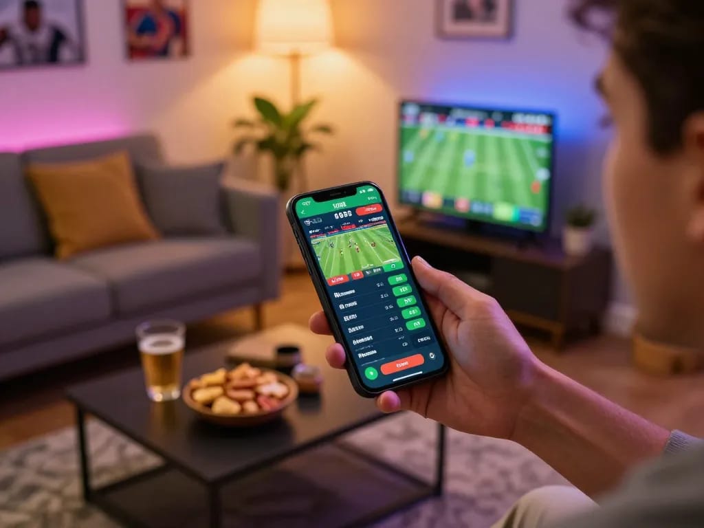 Betting on live sports with GK88 app on smartphone in a cozy home setting