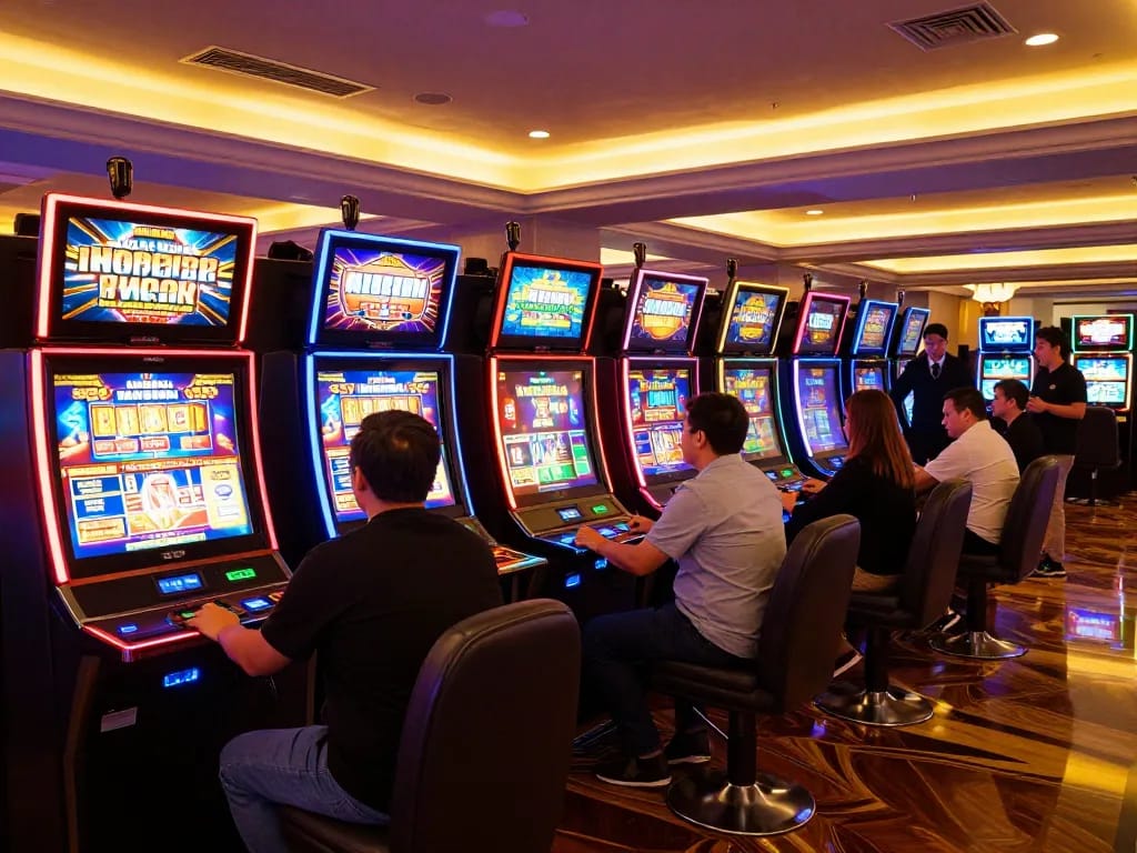 Experience the thrill of Venom889 Slot gaming with engaged players and vibrant machines.